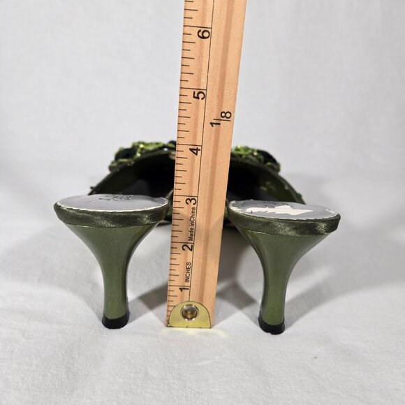 Vintage Y2K Hipster Fairy Hunter Green Floral Beaded Pointed Toe Mules Size 11M. - Picture 17 of 17